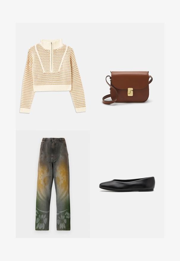 Světle béžový zkrácený svetr s doplňkovým zipem a imitací límce, zdobený texturovaným vzorem a pletenými manžetami a lemem. Kombinuje pletené a tkané materiály.; Vysoké džíny v bledém denimu s gradientním vzorem, který spojuje žluté, zelené a modré odstíny; květinový motiv blízko lemu.; Paul Smith TOPANGA - Klasické baleríny - black; Hnědá kožená kabelka s klopou, zlatými kovovými detaily, ramenním popruhem a hladkým povrchem. Kompaktní obdélníkový tvar.