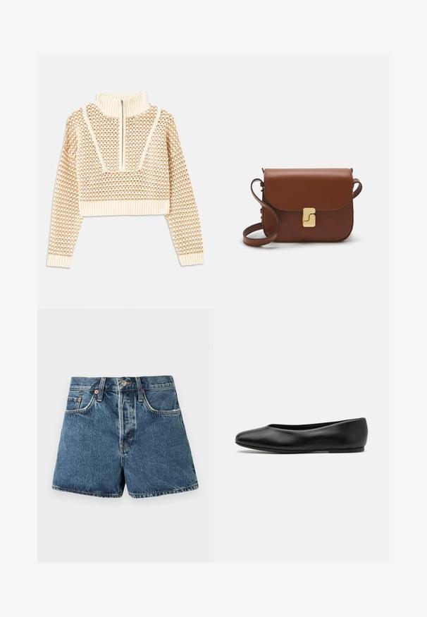 Svetilka svetlo bež barve s krajšim krojem in zadrgo na ovratniku, ki ima strukturiran vzorec ter rebraste manšete in spodnji rob. Združuje pletene in tkane materiale.; Denim kratke hlače v srednje modri barvi z visokim pasom, petimi žepi, kontrastnim šivanjem in kovinskim gumbom za zapiranje. Teksturirana tkanina z rahlim zbledelostjo.; Paul Smith TOPANGA - Balerinke - black; Rjava usnjena torbica s poklopcem, zlato obarvani okovi, naramnica in gladka tekstura. Kompaktna pravokotna oblika.