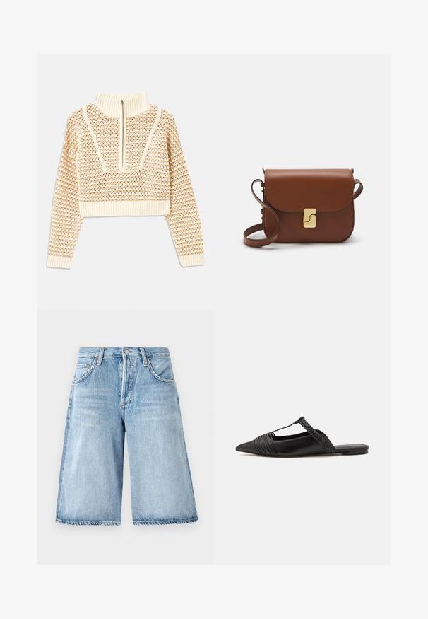 Svetlo béžový skrátený sveter so zipsovým vysokým golierom, s textúrovaným vzorom a rebrovanými manžetami a spodným lemom. Kombinuje pletené a tkané materiály.; Svetlo modré denimové šortky s voľným strihom, s vysokým pásom, piatimi vreckami a jemným vyblednutím tkaniny.; Čierne kožené sandále so špičatou špičkou, ktoré majú tkaný detail a zborený dizajn vrchnej časti. Plochá podrážka s minimálnym hardvérom.; Hnedá kožená kabelka s klopou, zlatými kovovými prvkami, ramenným popruhom a hladkým povrchom. Kompaktný obdĺžnikový tvar.