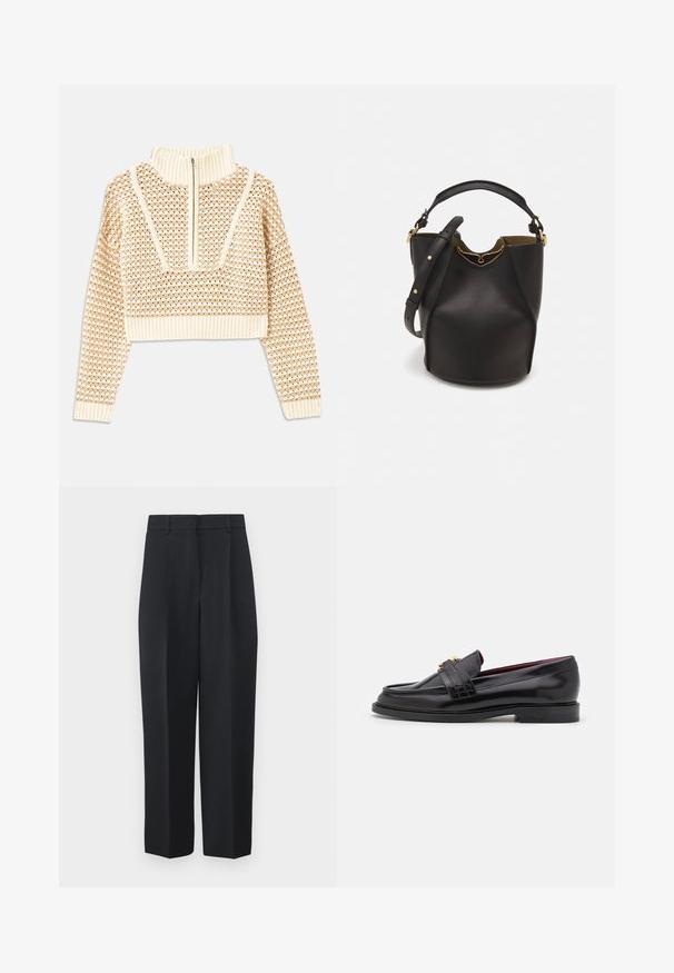 Pulover scurt de culoare bej deschis, cu guler tip mock cu fermoar, având un model texturat și manșete și tiv coagulate. Combină materiale tricotate și țesute.; Weekend Max Mara RONCHI - Pantaloni - blu; Mocasini din piele neagră cu un model cusut, textură netedă, detaliu cu cataramă aurie și vârf rotund, așezați pe o talpă joasă neagră.; Geantă din piele neagră în stil bucket, cu un finisaj texturat, accente din metal auriu și un compartiment deschis. Dispune de o mânere scurtă și un curea de umăr ajustabilă.