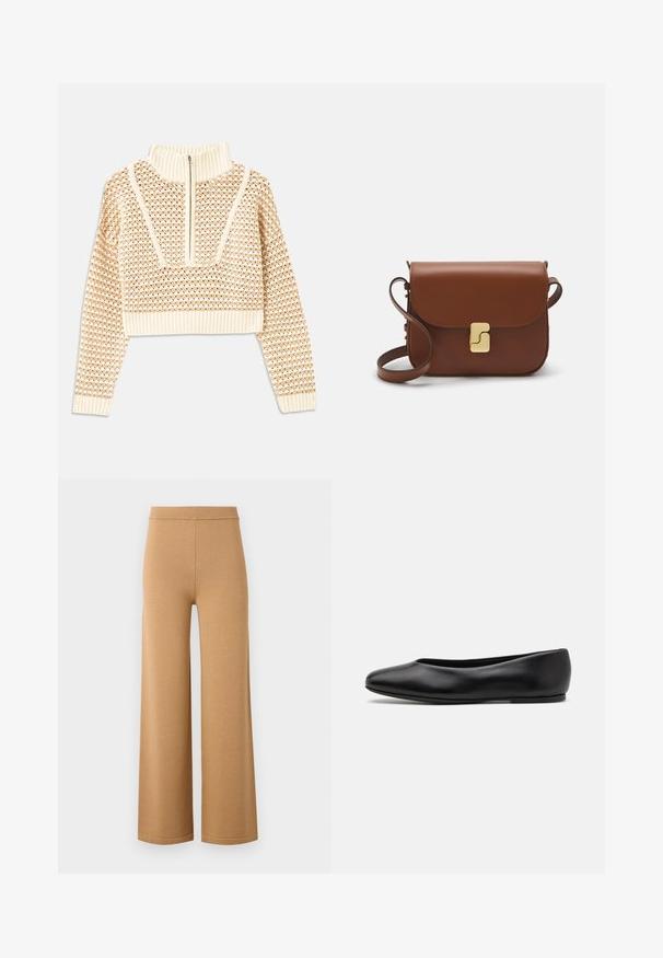 Licht beige cropped sweater met een ritskraag, voorzien van een textuurpatroon en geribde manchetten en onderrand. Combineert gebreide en geweven materialen.; Brede, beige broek gemaakt van een zachte, rekbare stof, met een hoge elastische tailleband en strakke, eenvoudige naden.; Paul Smith TOPANGA - Ballerina's - black; Bruine leren handtas met een klep sluiting, gouden hardware, een schouderband en een gladde textuur. Compact rechthoekige vorm.