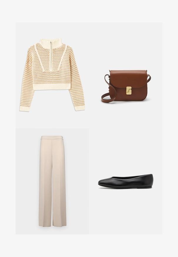 Licht beige cropped sweater met een ritskraag, voorzien van een textuurpatroon en geribde manchetten en onderrand. Combineert gebreide en geweven materialen.; Beige wijde broek van een gladde stof, met een hoge taille en subtiele voorplooien. Geen zakken of zichtbare hardwaredetails.; Paul Smith TOPANGA - Ballerina's - black; Bruine leren handtas met een klep sluiting, gouden hardware, een schouderband en een gladde textuur. Compact rechthoekige vorm.