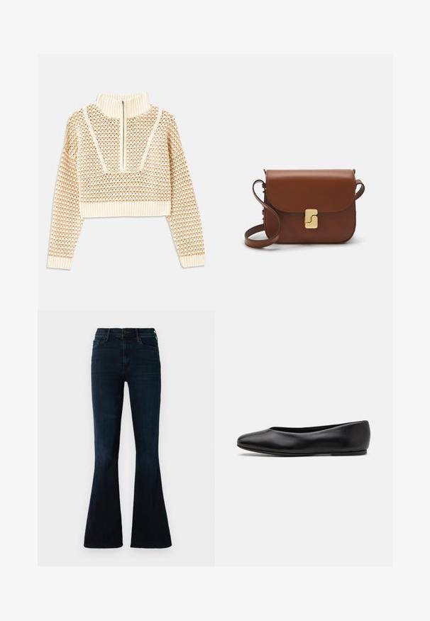 Light beige cropped sweater with a zippered mock neck, featuring a textured pattern and ribbed cuffs and hem. Combines knit and woven materials.; Dark blue flared jeans made of denim, featuring a high waist, standard pockets, and subtle fading on the fabric.; Paul Smith TOPANGA - Ballet pumps - black; Brown leather handbag with a flap closure, gold-tone hardware, a shoulder strap, and a smooth texture. Compact rectangular shape.