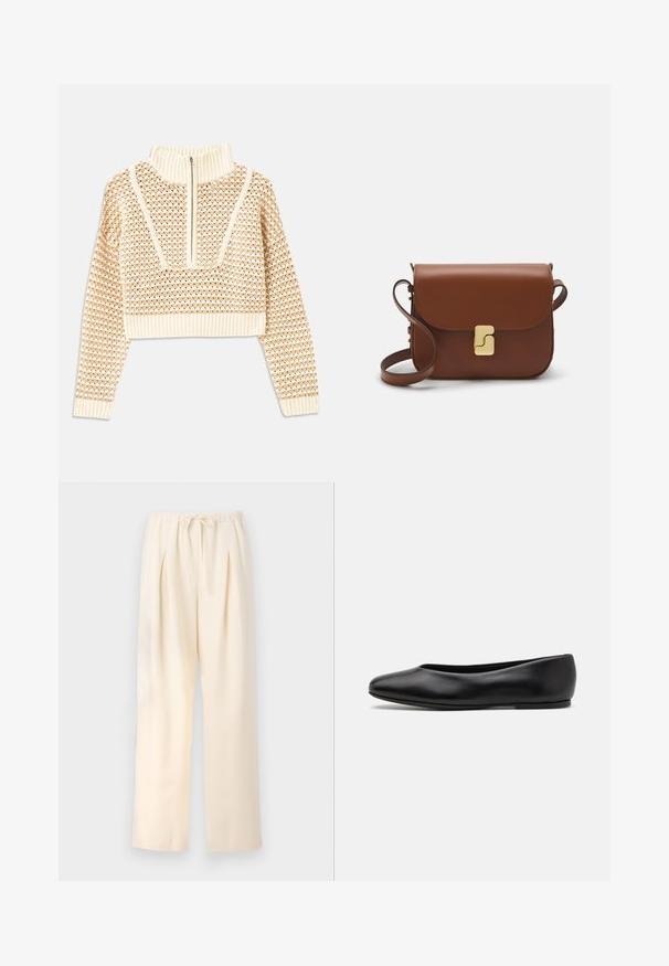 Light beige cropped sweater with a zippered mock neck, featuring a textured pattern and ribbed cuffs and hem. Combines knit and woven materials.; Beige pleated trousers with an elastic waistband and adjustable drawstring. Lightweight fabric and wide, straight leg design.; Paul Smith TOPANGA - Ballet pumps - black; Brown leather handbag with a flap closure, gold-tone hardware, a shoulder strap, and a smooth texture. Compact rectangular shape.