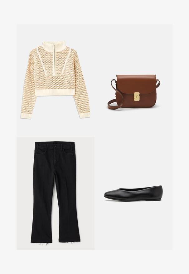 Light beige cropped sweater with a zippered mock neck, featuring a textured pattern and ribbed cuffs and hem. Combines knit and woven materials.; Mother LIL HUSTLER FRAY - Bootcut jeans - black denim; Paul Smith TOPANGA - Ballet pumps - black; Brown leather handbag with a flap closure, gold-tone hardware, a shoulder strap, and a smooth texture. Compact rectangular shape.