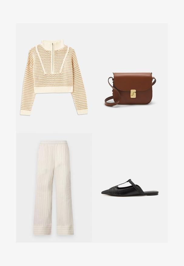 Pulover scurt de culoare bej deschis, cu guler tip mock cu fermoar, având un model texturat și manșete și tiv coagulate. Combină materiale tricotate și țesute.; Pantaloni largi de culoare bej deschis cu dungi verticale, talie elastică și terminații cu mansete. Fabricat dintr-un material neted și moale.; Pantofii din piele neagră cu curea la spate au vârful ascuțit, prezentând un accent țesut și un design superior pliat. Talpa joasă cu hardware minim.; Geantă de piele maro cu închidere tip capac, accesorii de culoare aurie, curea de umăr și o textură netedă. Formă compactă și rectangulară.