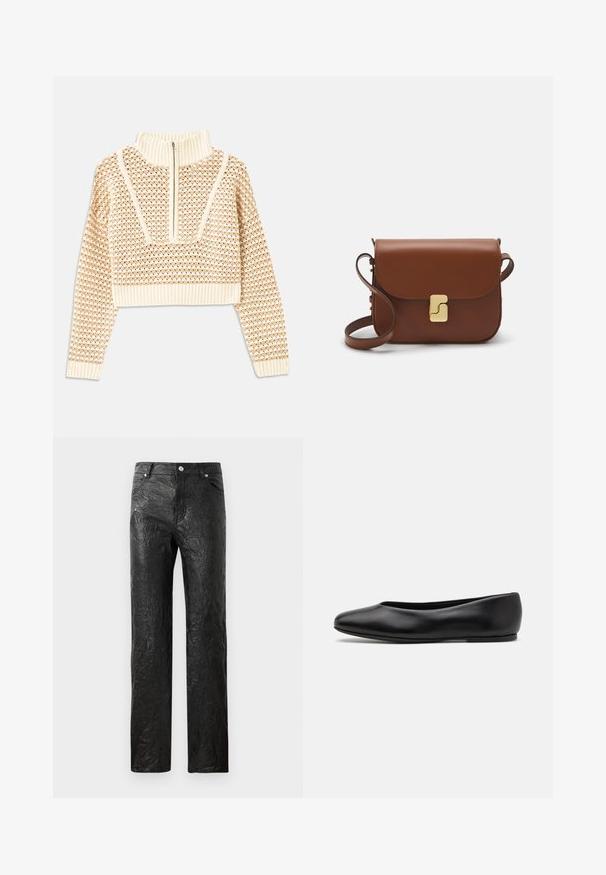 Light beige cropped sweater with a zippered mock neck, featuring a textured pattern and ribbed cuffs and hem. Combines knit and woven materials.; Black, crinkled pants made of synthetic material, featuring a straight leg design and five-pocket styling with silver hardware accents.; Paul Smith TOPANGA - Ballet pumps - black; Brown leather handbag with a flap closure, gold-tone hardware, a shoulder strap, and a smooth texture. Compact rectangular shape.