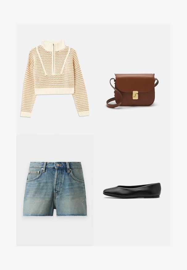 Light beige cropped sweater with a zippered mock neck, featuring a textured pattern and ribbed cuffs and hem. Combines knit and woven materials.; Denim shorts in light blue, featuring a high-waisted design, frayed hem, and traditional five-pocket style with metal hardware.; Paul Smith TOPANGA - Ballet pumps - black; Brown leather handbag with a flap closure, gold-tone hardware, a shoulder strap, and a smooth texture. Compact rectangular shape.