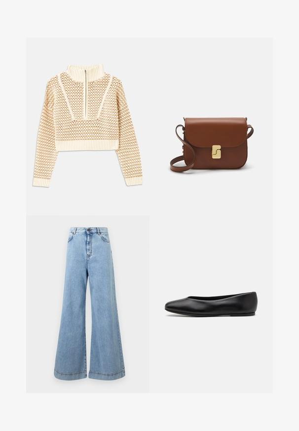 Light beige cropped sweater with a zippered mock neck, featuring a textured pattern and ribbed cuffs and hem. Combines knit and woven materials.; Light blue wide-leg jeans made of denim. High-waisted with contrasting stitching, five pockets, and a button closure at the waist.; Paul Smith TOPANGA - Ballet pumps - black; Brown leather handbag with a flap closure, gold-tone hardware, a shoulder strap, and a smooth texture. Compact rectangular shape.