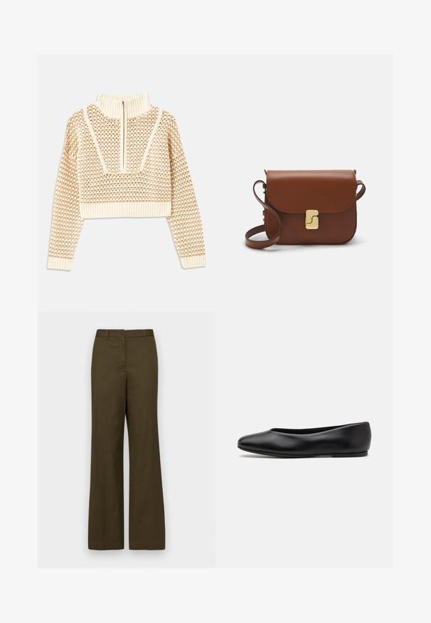 Light beige cropped sweater with a zippered mock neck, featuring a textured pattern and ribbed cuffs and hem. Combines knit and woven materials.; Olive green, wide-leg trousers made of cotton blend fabric. Features a front button closure, belt loops, and two side pockets.; Paul Smith TOPANGA - Ballet pumps - black; Brown leather handbag with a flap closure, gold-tone hardware, a shoulder strap, and a smooth texture. Compact rectangular shape.