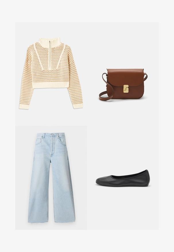 Helebeige lühike sviiter, millel on lukuga kaelus, tekstuuriga muster ning soonikuga varrukad ja äär. Kombineerib kudumise ja kootud materjalid.; Heledad sinised laiad teksad, mis on valmistatud denimist, kõrge vöökohaga, esikottidega ja väljaulatuvate õmblusdetailidega. Alt on tooriku äär.; Musthave mustika tantsutossud mustast nahast, ümmarguse varbaga, siledast tekstuurist, minimaalse õmblusdetailiga ja paindliku tallakujundusega.; Pruunist nahast käekott, millel on klapiga sulgur, kuldne riistvara, õlarihm ja sile tekstuur. Kompaktne ristkülikukujuline vorm.