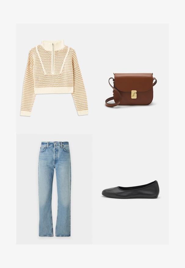 Světle béžový zkrácený svetr s doplňkovým zipem a imitací límce, zdobený texturovaným vzorem a pletenými manžetami a lemem. Kombinuje pletené a tkané materiály.; Světle modré džíny vyrobené z džínsoviny, se střihem rovné nohavice, vysokým pasem, poutky na opasek a klasickým pětibočním stylingem. Následné vyblednutí na látce.; Černé kožené baletní byty s kulatou špičkou, hladkou texturou, minimálními švy a flexibilním designem podrážky.; Hnědá kožená kabelka s klopou, zlatými kovovými detaily, ramenním popruhem a hladkým povrchem. Kompaktní obdélníkový tvar.