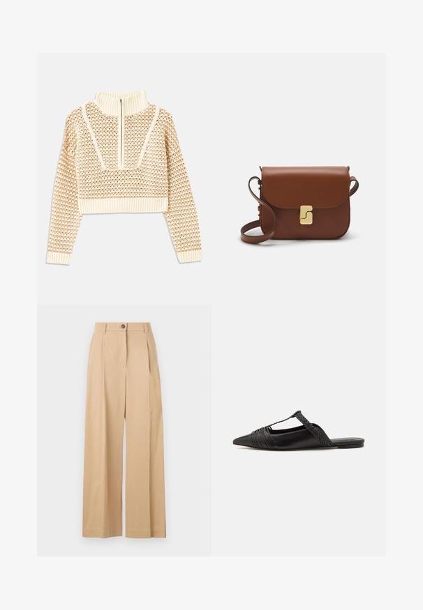 Light beige cropped sweater with a zippered mock neck, featuring a textured pattern and ribbed cuffs and hem. Combines knit and woven materials.; Beige wide-leg trousers made from a smooth fabric, featuring a front button closure, pleats, and a tailored design.; Black leather slingback shoe with a pointed toe, featuring a woven accent and pleated upper design. Flat sole with minimal hardware.; Brown leather handbag with a flap closure, gold-tone hardware, a shoulder strap, and a smooth texture. Compact rectangular shape.