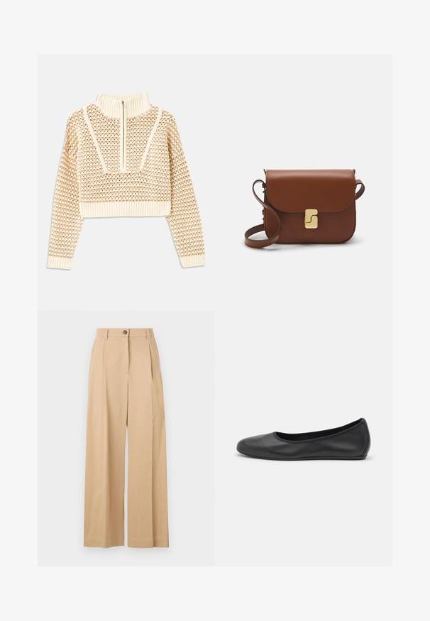 Light beige cropped sweater with a zippered mock neck, featuring a textured pattern and ribbed cuffs and hem. Combines knit and woven materials.; Beige wide-leg trousers made from a smooth fabric, featuring a front button closure, pleats, and a tailored design.; Black leather ballet flat with a rounded toe, smooth texture, minimal stitching detail, and a flexible sole design.; Brown leather handbag with a flap closure, gold-tone hardware, a shoulder strap, and a smooth texture. Compact rectangular shape.