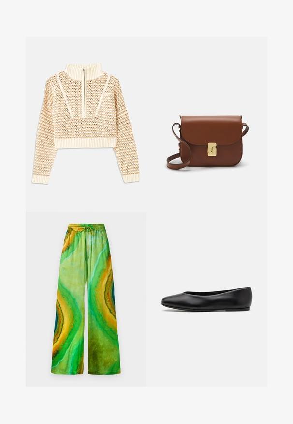 Light beige cropped sweater with a zippered mock neck, featuring a textured pattern and ribbed cuffs and hem. Combines knit and woven materials.; Green and yellow patterned wide-leg pants with an elastic waistband and drawstring. Smooth fabric with a fluid, abstract design.; Paul Smith TOPANGA - Ballet pumps - black; Brown leather handbag with a flap closure, gold-tone hardware, a shoulder strap, and a smooth texture. Compact rectangular shape.