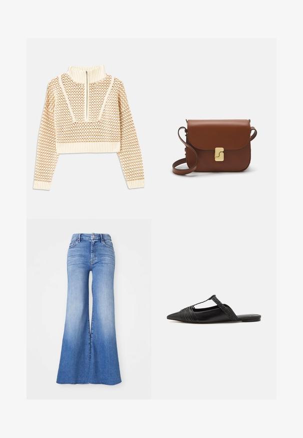 Sweater cropped de cor bege claro com gola alta com fecho, apresentando um padrão texturizado e mangas e bainha caneladas. Combina materiais tricotados e tecidos.; Jeans de ganga flare em lavagem azul clara, com cintura alta, pernas largas e um leve desgaste até a bainha. Fecho com botão e zíper.; Sapatilha slingback em couro preto com bico pontudo, apresentando um detalhe trançado e um design superior plissado. Sola plana com hardware mínimo.; Bolsa de couro castanho com fecho de aba, decoração em tom dourado, alça de ombro e textura suave. Formato retangular compacto.