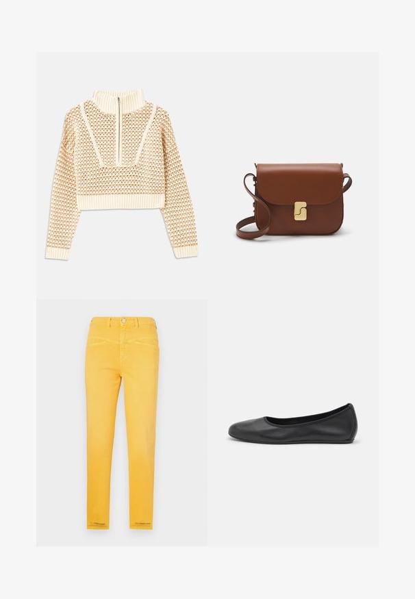 Světle béžový zkrácený svetr s doplňkovým zipem a imitací límce, zdobený texturovaným vzorem a pletenými manžetami a lemem. Kombinuje pletené a tkané materiály.; Žluté džíny z denimu s přiléhavým střihem, pěti kapsami a knoflíkovým uzavřením. Hladká textura s švy zvýrazněnými podél švů.; Černé kožené baletní byty s kulatou špičkou, hladkou texturou, minimálními švy a flexibilním designem podrážky.; Hnědá kožená kabelka s klopou, zlatými kovovými detaily, ramenním popruhem a hladkým povrchem. Kompaktní obdélníkový tvar.