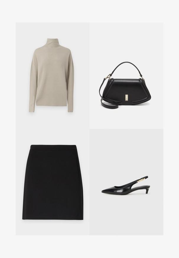 Sveterm z merino volno v svetli bež barvi, narejen iz mehke pletenine, ima sproščen kroj z dolgimi rokavi in visokim ovratnikom. Brez vidnih vzorcev.; Črna krila s preprostim dizajnom, ki ima gladko teksturo in prilegajoč pas. Vključuje stransko žep za dodatno funkcionalnost.; Črne usnjene sandale na peto z ostro konico, ki imajo tanko peto in zlat ton na nastavljivem traku. Gladka tekstura.; Črna usnjena torbica s strukturnim dizajnom, ki ima skrajšano obliko, zgornji ročaj in zlate dodatke. Vključena je nastavljiva ramenska naramnica.