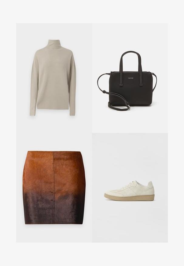 Sveterm z merino volno v svetli bež barvi, narejen iz mehke pletenine, ima sproščen kroj z dolgimi rokavi in visokim ovratnikom. Brez vidnih vzorcev.; Mini krilo v rjavem prehodu, narejeno iz mehkega materiala, z gladko teksturo, prilegajočim krojem in natančnim šivanjem ob robovih.; Bež semiš teniske z teksturiranim dizajnom, ravnim gumijastim podplatom in izrazitim stranskim šivanjem. Okrogla konica in oblazinjeni ovratnik.; Črna torbica z dvema kratkima ročajema in odstranljivim naramnim trakom. Gladek usnju podoben material z zadrgo in podrobnostmi z logotipom.