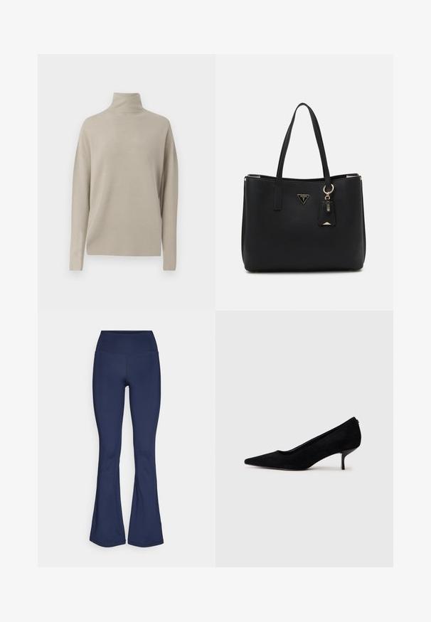 Suéter de cuello alto de color beige claro, fabricado en un material de punto suave, presenta un corte relajado con mangas largas y un cuello alto. Sin patrones visibles.; Leggings acampanados azul marino hechos de una tela elástica con una cintura alta, textura suave y sin patrones visibles ni detalles de hardware.; Zapato de tacón alto de ante negro con punta afilada y un tacón delgado y bajo. Textura suave con un diseño elegante, sin hardware visible.; Bolso tote negro hecho de material sintético texturizado, con dos asas, una placa de logo dorada y una pequeña etiqueta con un detalle de acento.