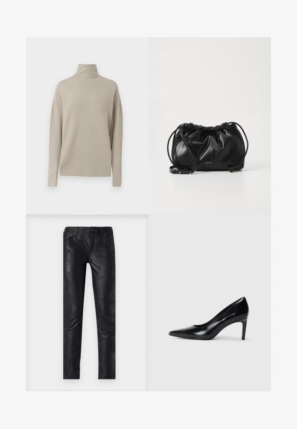 Suéter de cuello alto de color beige claro, fabricado en un material de punto suave, presenta un corte relajado con mangas largas y un cuello alto. Sin patrones visibles.; Pantalones de cuero sintético negros con un patrón de serpiente, diseño ajustado y estilo de cinco bolsillos estándar con cierre de botón.; Zapato de tacón alto de cuero negro con punta afilada, textura suave y tacón en forma de cono. Diseño minimalista, sin adornos adicionales.; Bolso de mano de cuero negro con diseño fruncido, cierre de doble cordón y correa de hombro desmontable. Presenta un detalle metálico del logo.
