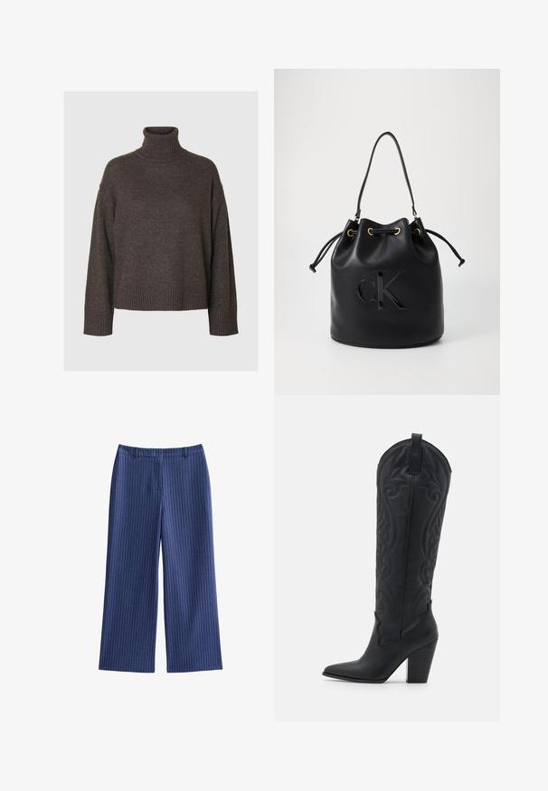 Jersey de cuello alto marrón oscuro, tejido suave, mangas anchas, puños y dobladillo acanalados, corte relajado, diseño minimalista, sin patrones ni acentos.; Pantalones de pierna ancha en color navy con rayas verticales blancas, que presentan una cintura plana en la parte delantera y una textura suave, fabricados con un tejido ligero.; Zign Botas camperas - black; Bolso hobo de cuero negro con cierre de elástico, que presenta un brillante logo "CK" en el frente y detalles en tono dorado.