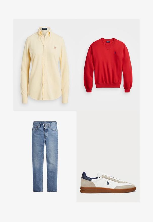 Rdeča srajca iz bombažne mešanice, s krožnim izrezom, rebrastimi manšetami in robom ter majhnim modrim logotipom na levem prsnem delu.; Majica z dolgimi rokavi, sponko in iz mehkega, svetlo rumenega bombaža. Ima klasičen ovratnik in vezeno logo na levem prsnem delu.; Svijetloplave traperice ravnog kroja s pet džepova i dugmetom. Imaju suptilno izbljeđivanje i narančaste detalje šavova.; Beli in bež športni copati s zgornjim delom iz usnja in semiša, mornarsko modri akcenti in rjavi gumijasti podplat. Imajo znak na strani in vezalni dizajn.