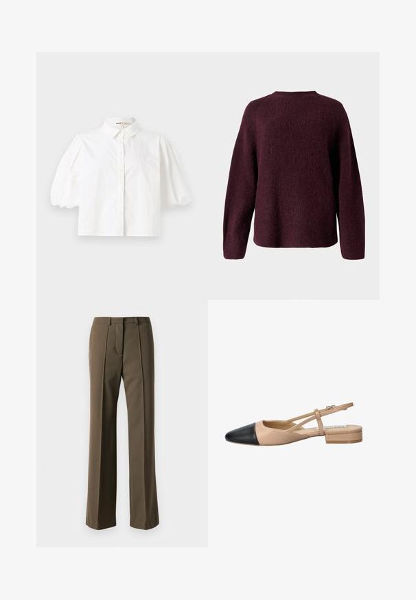 Burgundské pletené svetr s kulatým výstřihem, dlouhými rukávy a uvolněným střihem s jemným, texturovaným povrchem.; Bílá košile s krátkými nabíranými rukávy, zapínání na knoflíky a hladkou texturou látky. Rovný lem, bez viditelných vzorů nebo ozdob.; Hnědé kalhoty na míru se střihem rovného střihu, s plisovaným předním dílem a klasickým pasem. Vyrobeno z hladkého materiálu s rafinovaným povrchem.; Beige a černé dvoubarevné slingback boty s špičatou špičkou, plochým podpatkem a křížovými popruhy. Hladká kožená textura.