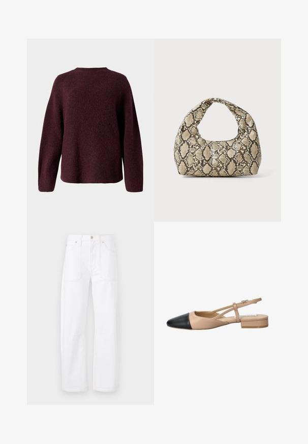 Suéter de punto burdeos con cuello redondo, mangas largas y un corte relajado, confeccionado con un acabado suave y texturizado.; Pantalones de mezclilla blanca con diseño de pierna recta, costuras naranjas en contraste, cinco bolsillos y cierre de botón y cremallera.; Zapato slingback bicolor beige y negro con punta afilada, tacón plano y detalle de correa entrecruzada. Textura de cuero suave.; Bolso de mano con estampado de serpiente y asa curvada. Hecho de materiales texturizados en tonos beige y marrón, con un patrónen diamante distintivo.