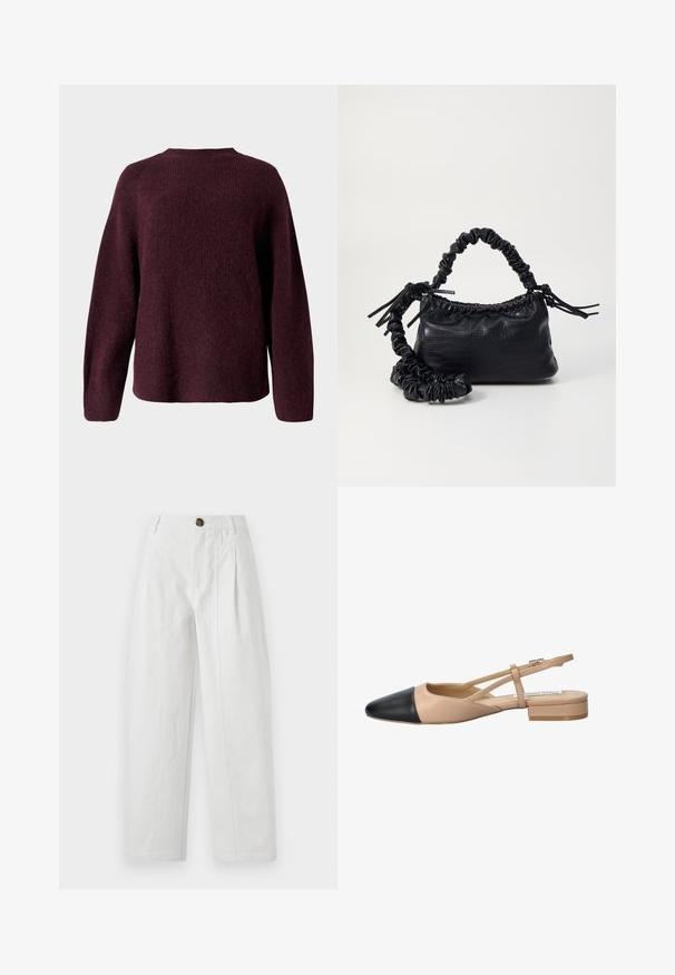 Burgundské pletené svetlo s okrúhlym výstrihom, dlhými rukávmi a voľným strihom s jemným, textúrovaným povrchom.; Biele široké nohavice vyrobené z bavlny s textúrovaným povrchom. Majú hnedý gombík, skladania a bočné vrecká.; Bežovo-čierne dvojfarebné slingback topánky s špicatou špičkou, plochým podpätkom a prekríženými detailmi remienkov. Hladká kožená textúra.; Čierna umelá kožená kabelka s kroko vzorom, sťahovaným vrchom a zhnutým popruhom. Vyzerá mäkko a kompaktné v dizajne.