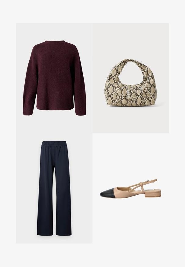 Bordo adīta džemperis ar apaļu kakla izgriezumu, garām piedurknēm un brīvu piegriezumu, ar mīkstu, struktūru veidojošu apdari.; Jūras zilas, plaša piegriezuma bikses, izgatavotas no gludas auduma, ar gumijas jostu un pilna garuma dizainu, bez papildu detaļām.; Beidzējais un melns divu tonā sūkņis ar norāvu, ar norādītu pirkstu, plakanu papēdi un krustojuma siksnu detaļu. Gluda ādas tekstūra.; Čūsku raksta soma ar izliekto rokturi. Izgatavota no teksturētiem, bēšiem un brūniem materiāliem, ar izteiksmīgu dimanta rakstu.