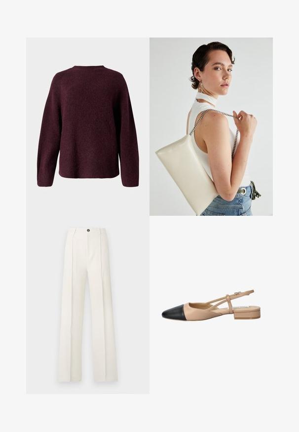 Maglione a maglia bordeaux con scollo rotondo, maniche lunghe e vestibilità rilassata, caratterizzato da una finitura morbida e testurizzata.; Pantaloni bianchi a gamba larga con vita alta, caratterizzati da due pinces frontali, chiusura con un bottone e tasche. Tessuto a trama liscia.; Scarpa slingback bicolore beige e nera con punta affilata, tacco piatto e dettaglio a fascia incrociata. Texture in pelle liscia.; Borsa a pochette rettangolare bianca realizzata in materiale lucido, con una tracolla in catena argentata. Il modello posa, mostrando la borsa su uno sfondo semplice.