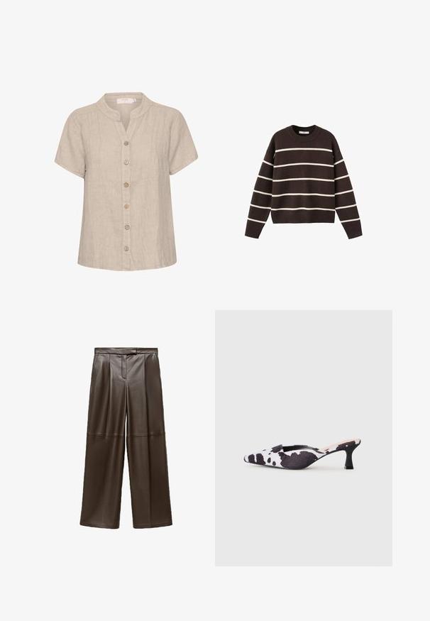 Smešani smeđi pulover s bijelim horizontalnim prugama, okruglim izrezom, dugim rukavima i rebrastim manžetama i rubom, izrađen od pletenog materijala.; Svijetlo bež košulja sa dugmadi, mandarin ovratnikom, kratkim rukavima i prednjim nabranjima. Ima drvene gumbe i opušten, kutni kroj.; Smeđe kožne hlače širokog kroja s glatkom teksturom, s nabranim detaljima sprijeda i klasičnim oblikom pojasom.; Cipele sa otvorenom petom i šiljastim vrhom u crno-bijelom uzorku kravlje kože. Gornjište od tkanine sa teksturiranim završetkom i uska crna potpetica.
