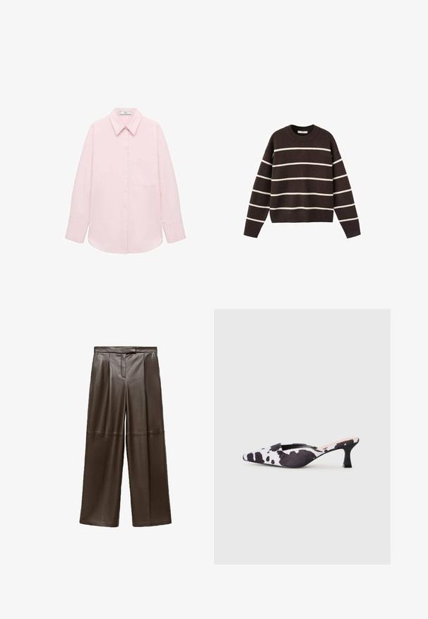 Smešani smeđi pulover s bijelim horizontalnim prugama, okruglim izrezom, dugim rukavima i rebrastim manžetama i rubom, izrađen od pletenog materijala.; Svijetlo ružičasta košulja dugih rukava s dugmićima sprijeda, izrezom u obliku točke, jednim džepom i glatkom teksturom. Ima rukave s manžetama.; Smeđe kožne hlače širokog kroja s glatkom teksturom, s nabranim detaljima sprijeda i klasičnim oblikom pojasom.; Cipele sa otvorenom petom i šiljastim vrhom u crno-bijelom uzorku kravlje kože. Gornjište od tkanine sa teksturiranim završetkom i uska crna potpetica.