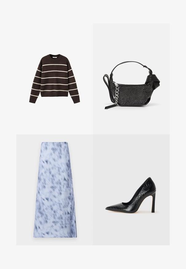 Hnedý sveter s bielymi horizontálnymi pruhmi, okrúhlym výstrihom, dlhými rukávmi a rebrovanými manžetami a lemom, vyrobený z pleteného textilu.; Dlhá, svetlo modrá sukňa s rozmazaným tmavomodrým vzorom. Tkanina pôsobí mäkko s hladkou textúrou a jednoduchým dizajnom.; Čierna lodička s špicatou špičkou a lakovanou textúrou krokodíla, s elegantným dizajnom, vysokým stiletto podpätkom a hladkým čiernym interiérom.; Čierna kabelka so cvočkovými ozdobami, reťazovou rukoväťou a hladkým koženým držadlom, so zaobleným tvarom a zipsovým oddelením.
