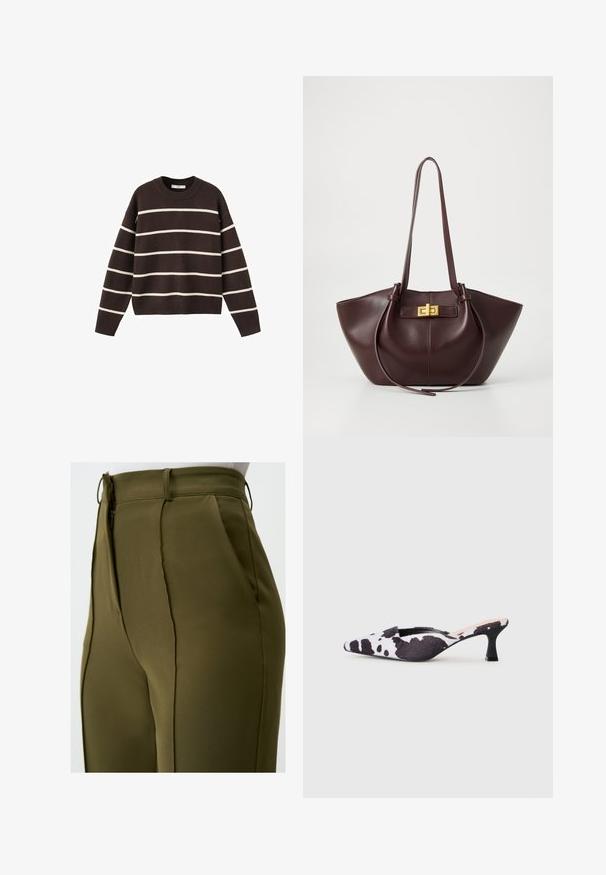 Pull marron avec des rayures horizontales blanches, encolure ronde, manches longues, et poignets et ourlet côtelés, fabriqué en tissu tricoté.; Pantalons ajustés vert olive avec une texture lisse, des coutures verticales, des poches latérales et une fermeture éclair à la taille.; Talons slingback à bout pointu en design imprimé vache noir et blanc. Tige en tissu avec finition texturée et un fin talon noir.; Sac fourre-tout en cuir bordeaux avec une forme structurée, un fond plat et deux longues poignées. Dispose d'une fermeture en métal doré sur le dessus.