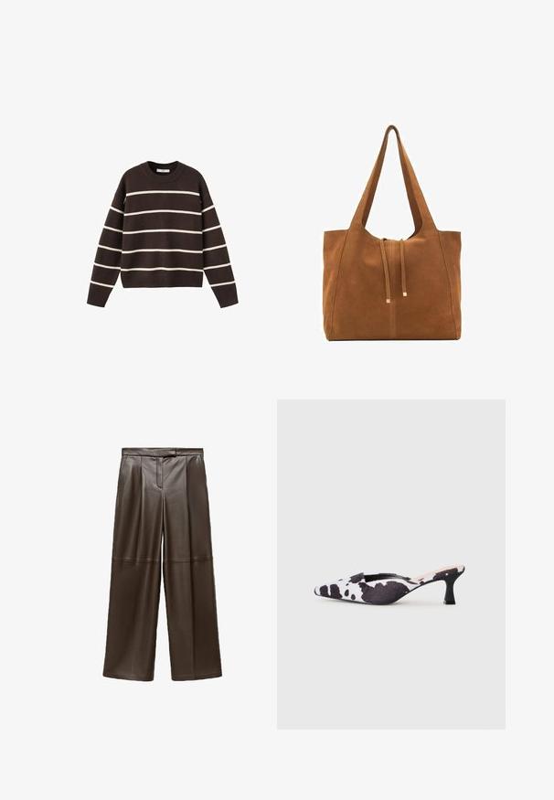 Brun sweater med hvide vandrette striber, rund halsudskæring, lange ærmer og ribbede manchetter og kant, lavet af strikket stof.; Brune læder brede bukser med en glat tekstur, der har folder foran og et klassisk taljebånddesign.; Spidse slingback hæle i sort og hvid ko-print design. Stofoverdel med en tekstureret finish og en slank sort hæl.; Brun ruskinds-tote med to lange stropper, snørelukning og minimalistisk design. Glat tekstur og ingen synlige hardware-detaljer.