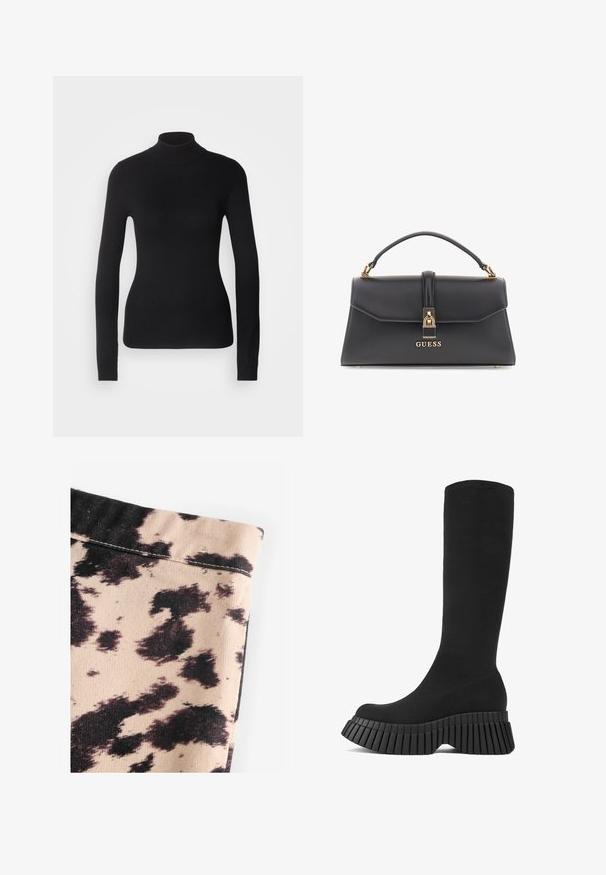 Černý rolák vyrobený z lehkého pleteného materiálu. Má dlouhé rukávy, přiléhavý střih a měkkou ribbovou strukturu.; Beige tkanina s černým vzorem kravského tisku, s jemně žebrovanou strukturou a jednoduchým švem. Žádné viditelné kovové prvky ani doplňky.; Černé vysoké kozačky po kolena s žebrovanou platformou a texturovaným svrškem. Elegantní, přiléhavý design s kulatou špičkou a bez viditelného kování.; Černá kabelka z umělé kůže se strukturovaným tvarem, zlatými doplňky, horní rukojetí a předním zapínáním s logem "GUESS".