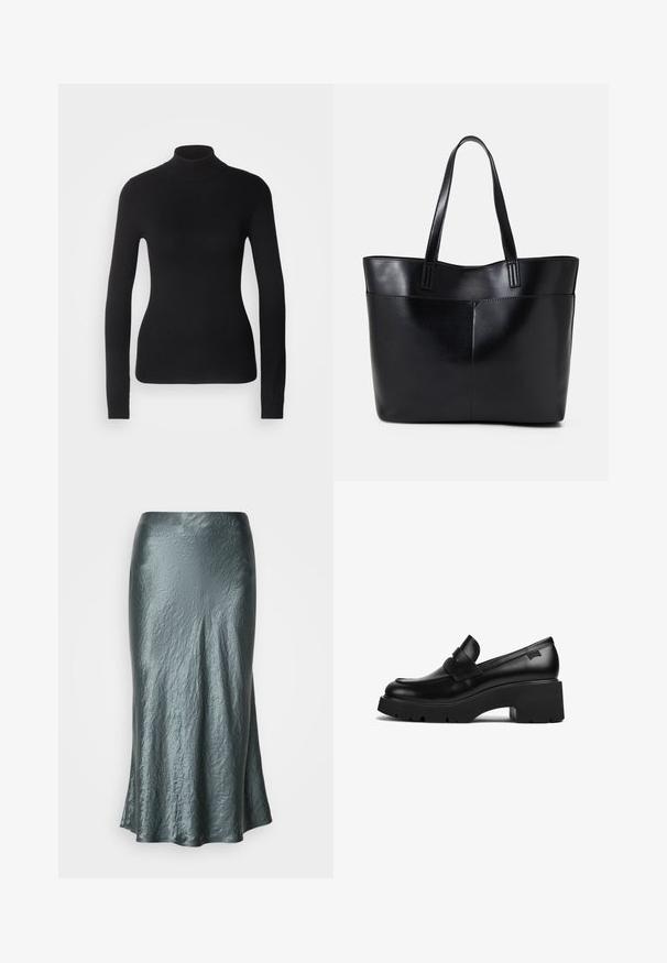 Melnā augsta apkakle džemperis, kas izgatavots no viegla adīšanas auduma. Tam ir garas piedurknes, pieguļoša silueta un mīksta ribota tekstūra.; Metāliska teal midi svārki ar kroku tekstūru, ar izliekta formu un gludu apdari. Nav redzamu aizdaru vai rotājumu.; Melnas ādas chunky papēža loafers ar biezu zoli un siksniņas detaļu pāri augšai, attēlots no sāna uz baltas fona.; Melnas ādas iepirkumu soma ar divām garām rokturām, gludu tekstūru un strukturētu formu. Iekļauj priekšējo kabatu papildu uzglabāšanai.; Sudraba riņķveida auss gredzeni ar gludu, pulētu apdari. Apaļa forma un drošs klikšķa augšējais slēgums. Viegls dizains, kas piemērots ikdienas valkāšanai.