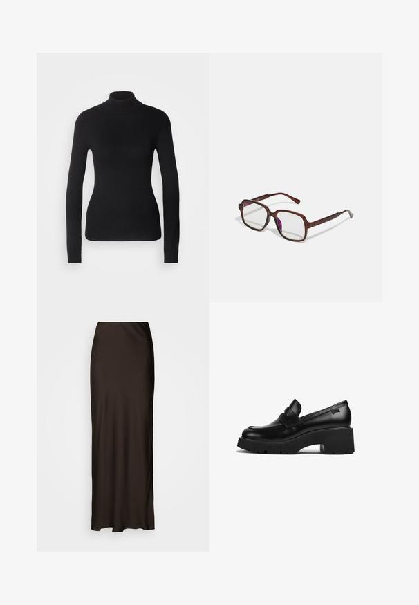 Zwarte coltrui gemaakt van lichte brei stof. Heeft lange mouwen, een aansluitend design en een zachte ribbeltextuur.; Lindex SKIRT MARY - Maxirok - dark brown; Zwarte leren loafers met chunky hak en dikke zool, met een banddetail over de bovenkant, zijaanzicht op een witte achtergrond.; Bruine, rechthoekige bril met transparante glazen en paarse tinten. Glad kunststof montuur met rechte pootjes en subtiele accenten.; Zwarte leren tote bag met twee lange handvatten, een zachte textuur en een gestructureerde vorm. Voorzien van een voorvak voor extra opslagruimte.; Zilveren oorbellen in de vorm van een gladde, gepolijste ring. Ronde vorm met een veilige kliksluiting. Lichtgewicht ontwerp, geschikt voor dagelijks gebruik.