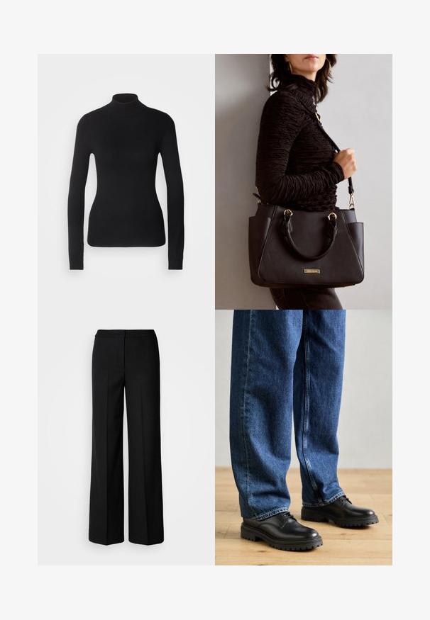 Czarny sweter z golfem wykonany z lekkiej dzianiny. Posiada długie rękawy, dopasowany krój oraz miękką ribbowaną strukturę.; Czarne szerokie spodnie o gładkim materiale, z wysokim stanem, dopasowanymi szwami i minimalistycznym designem. Brak widocznych zapięć lub kieszeni.; Czarne skórzane buty z okrągłym noskiem, sznurowanym fasonem i grubą, strukturalną gumową podeszwą, w połączeniu z luźnymi niebieskimi dżinsami.; Czarna torebka z teksturowanej powierzchni, podwójnymi uchwytami na górze i regulowanym paskiem na ramię. Posiada złote okucia i boczne kieszenie.