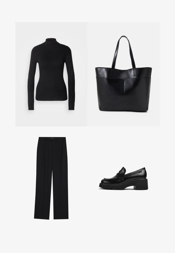 Čierny rolák vyrobený z ľahkej pleteniny. Má dlhé rukávy, priliehavý strih a jemnú rebrovanú štruktúru.; Čierne nohavice so strihom rovného nohu, s dvoma prednými vreckami a pásom. Vyrobené z hladkej, ľahkej textílie.; Čierne kožené mokasíny s hrubým podpätkom a hrubou podrážkou, so strapcom na vrchu, zobrazené z boku na bielom pozadí.; Čierna kožená tote taška s dvoma dlhými rúčkami, hladkým povrchom a štruktúrovaným tvarom. Obsahuje prednú kapsu pre dodatočné uskladnenie.