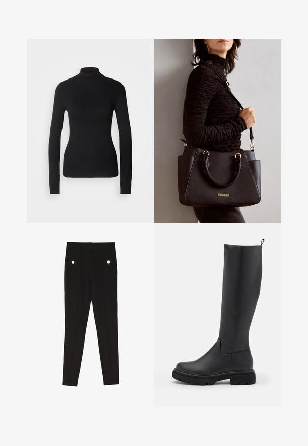 Svart turtle neck genser laget av lett strikket stoff. Har lange ermer, en tettsittende design, og en myk ribbestruktur.; Sorte skreddersydde bukser med en glatt tekstur, som har to frontlommer med dekorative maskinvaredetaljer, og en slim-fit design.; Svarte knelang støvler laget av glatt, matt materiale med en tykk såle, rund tå og en løkke på toppen for enkel påkledning.; Svart håndveske med teksturert overflate, doble topphåndtak og justerbar skulderrem. Har detaljer i gulltone og sidelommer.