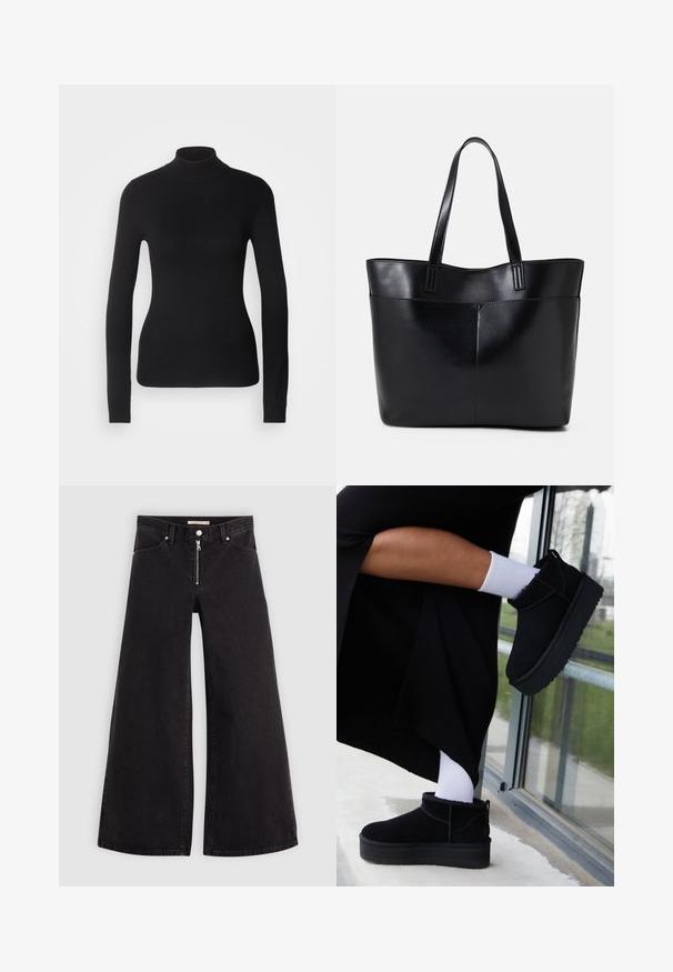Svart turtle neck genser laget av lett strikket stoff. Har lange ermer, en tettsittende design, og en myk ribbestruktur.; Vide benbukser i sort denim med glidelås i front, fem-lomme design og subtile sømdetaljer. Glatt tekstur og avslappet stil.; Sorte ankelstøvler i ruskind med flad sål, der har en båndstrop bagpå, brugt med hvide ankelstrømper mot en minimalistisk bakgrunn.; Svart lær toteveske med to lange håndtak, en glatt tekstur og en strukturert form. Har en frontlomme for ekstra oppbevaring.
