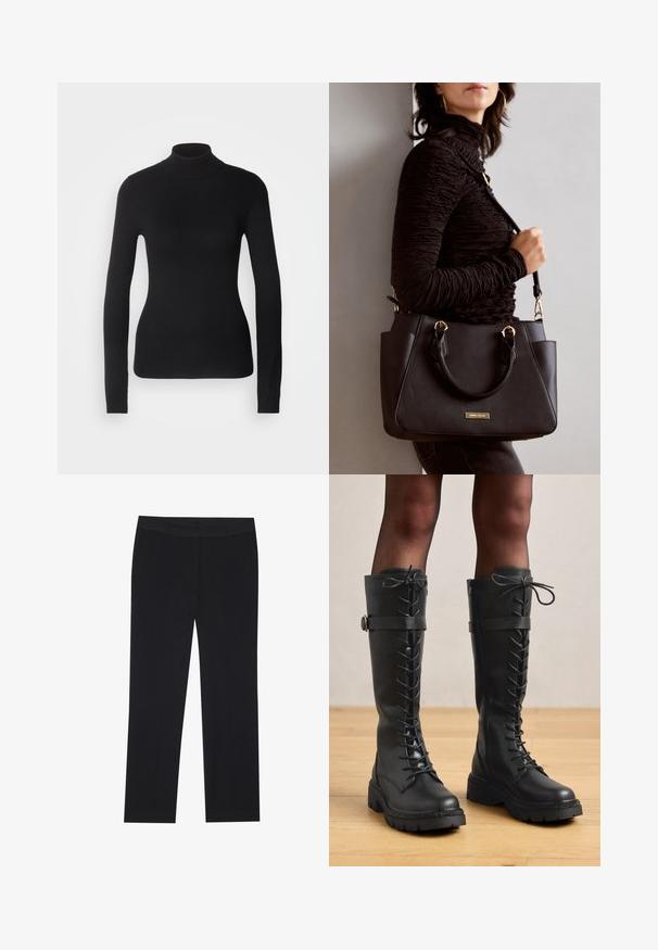 Musta poolapainen neuletakki, joka on valmistettu kevyestä neulekankaasta. Siinä on pitkät hihat, istuva muotoilu ja pehmeä ribsikuvio.; Mustat housut suoranlahkeisella muotoilulla, joissa on sivutaskut ja sileä kangas. Vähäisellä yksityiskohdalla, siisti vyötärö.; Korkeat mustat nahkaiset nauhakatsojat, joissa on polven korkeudelle ulottuva muotoilu, pyöreä kärki, paksu tekstuuri pohja, sekä koristeellinen sivuhihna ja varusteet.; Musta käsilaukku, jossa on teksturoitu pinta, kaksi yläkantta ja säädettävä olkahihna. Varustettu kultasävyisillä varusteilla ja sivutaskuilla.