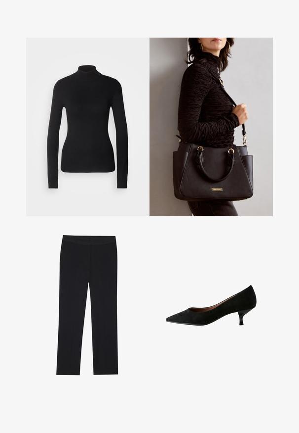 Svart polotröja i lättstickat tyg. Har långa ärmar, en figurnära design och en mjuk ribbad textur.; Svarta byxor med rak benutformning, har sidfickor och en slät tygstruktur. Minimalistisk design, ren midja.; Next REGULAR FIT - FOREVER COMFORT POINT TOE KITTEN HEELS - Pumps - mottled black; Svart handväska med texturerad yta, dubbla handtag upptill och justerbar axelrem. Utrustad med detaljer i guld och sidofickor.
