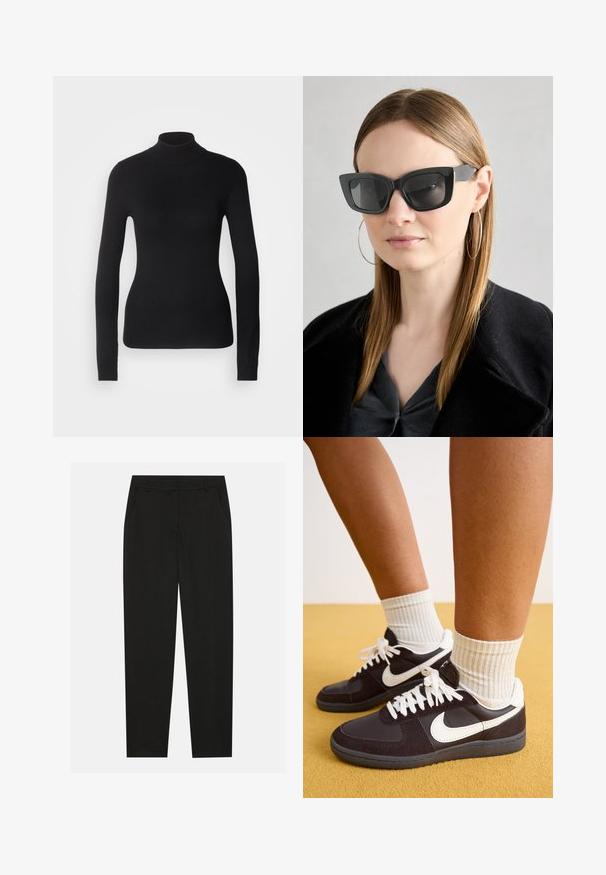 Sweater de gola alta preto feito de um tecido de malha leve. Apresenta mangas longas, um design justo e uma textura suave e canelada.; Calças pretas com um design ajustado, apresentando bolsos laterais e pernas retas. Feitas de um tecido suave e leve com um acabamento elegante.; Sapatilhas Nike em preto e branco com parte superior em camurça e pele, atacadores brancos, usadas com meias cream com textura, contra um fundo amarelo.; Óculos de sol pretos em formato de gato com lentes escuras, armações grossas e acentos subtis. Usados com um casaco preto e uma blusa cinza, apresentando cabelo longo e liso.