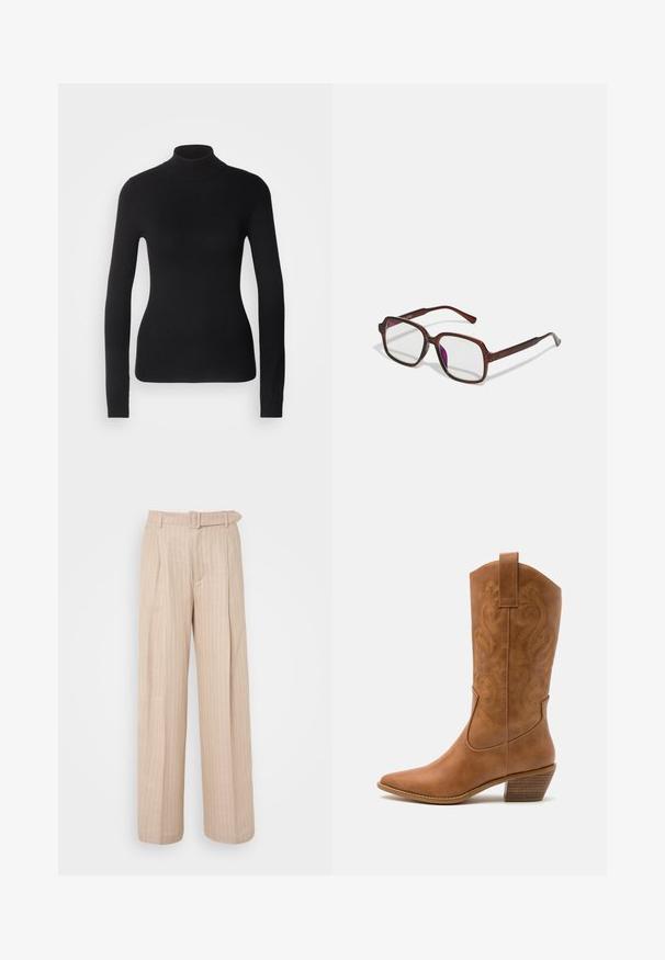 Mustem turtleneck-sviiter, mis on valmistatud kerge kudumiskangast. Omab pikki varrukaid, slim-fit lõiget ja pehmet soonikut.; Beezid laiad püksid vertikaalsete triipudega, kõrge vöökohaga, esifaldistuse ja sobiva vöödiga. Sile tekstuur, minimalistlik disain.; Kohvitooni nahast cowboy-kork, millel on terav varvas, tikitud keerised varrel ja virnastatud ploki konts. Omab tõmbeava, et seda oleks lihtne jalga panna.; Pruunid, ristkülikukujulised prilliraamid, millel on läbipaistvad läätsed ja lillakad tooni. Sile plastikraam otste kaared ja peente aksenditega.; Kuldsete rõngaskõrvarõngaste tekstuuriga, ebakorrapärane kuju. Omab sujuvat lukustust ja poleeritud pinnatöötlust, rõhutades kaasaegset disaini.