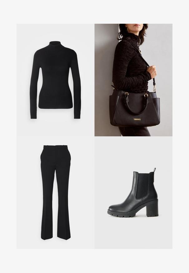 Pullover a collo alto nero realizzato in tessuto a maglia leggero. Presenta maniche lunghe, un design aderente e una morbida texture a costine.; Pantaloni neri a palazzo realizzati in tessuto liscio, con vita media, passanti per la cintura e una silhouette pulita e sartoriale.; Stivaletto in pelle nera con pannelli laterali elastici, suola in gomma spessa e tacco alto a blocco. Presenta un manico sul retro.; Borsa nera con superficie texturizzata, manici superiori doppi e tracolla regolabile. Dotata di hardware color oro e tasche laterali.