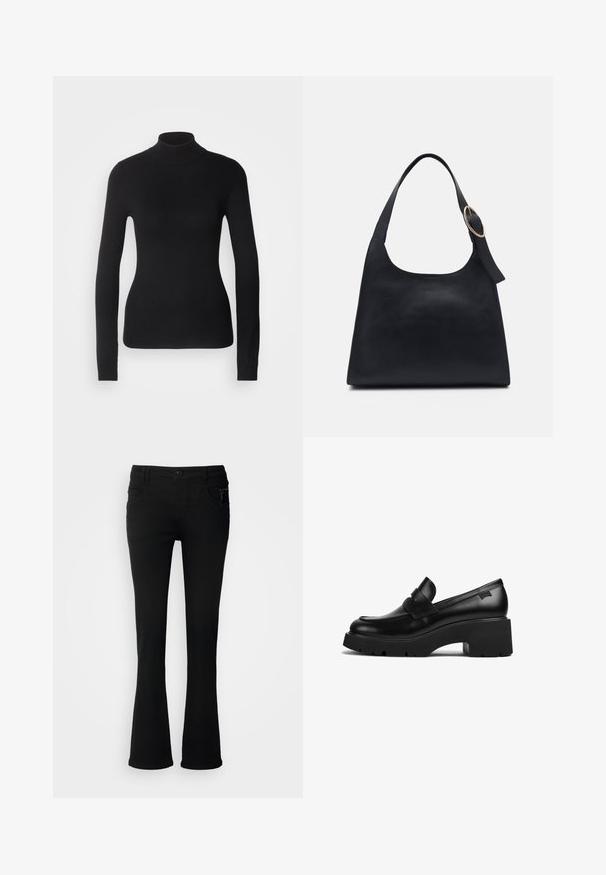 Pulover negru cu gât înalt, realizat dintr-un material tricotat ușor. Are mâneci lungi, un design ajustat și o textură moale cu caneluri.; Jeans negre evazați din denim, cu închidere cu buton, două buzunare frontale și un detaliu cu fermoar pe buzunarul din dreapta.; Loafer din piele neagră cu toc gros, având o talpă groasă și un detaliu cu curea în partea de sus, prezentat din lateral pe un fundal alb.; Geantă tote din piele neagră, cu o textură netedă, corp rotund și o curea de umăr unică, având un accent de hardware circular din aur.